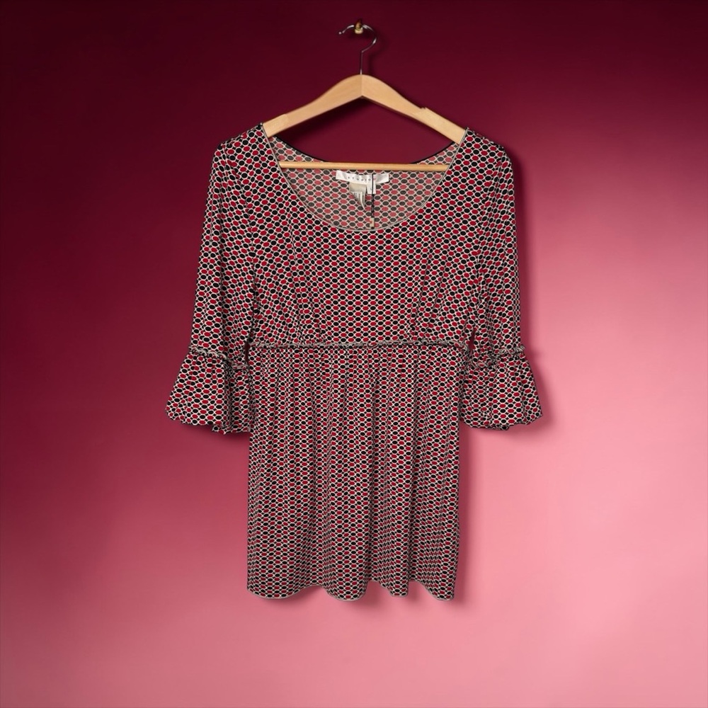 NWT STUDIO M MAXX STUDIO GEOMETRIC PRINT BELL SLEEVE STRETCH TUNIC TOP SIZE L